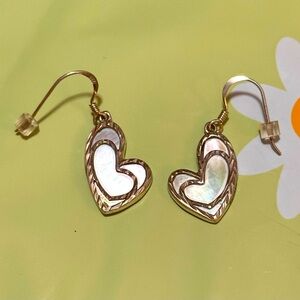 White Mother of Pearl Shell Heart Earrings, Sterling Silver Inlay